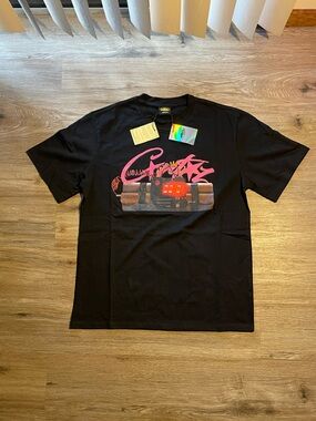 Black Short Sleeve Graphic Tee with Pink Accent